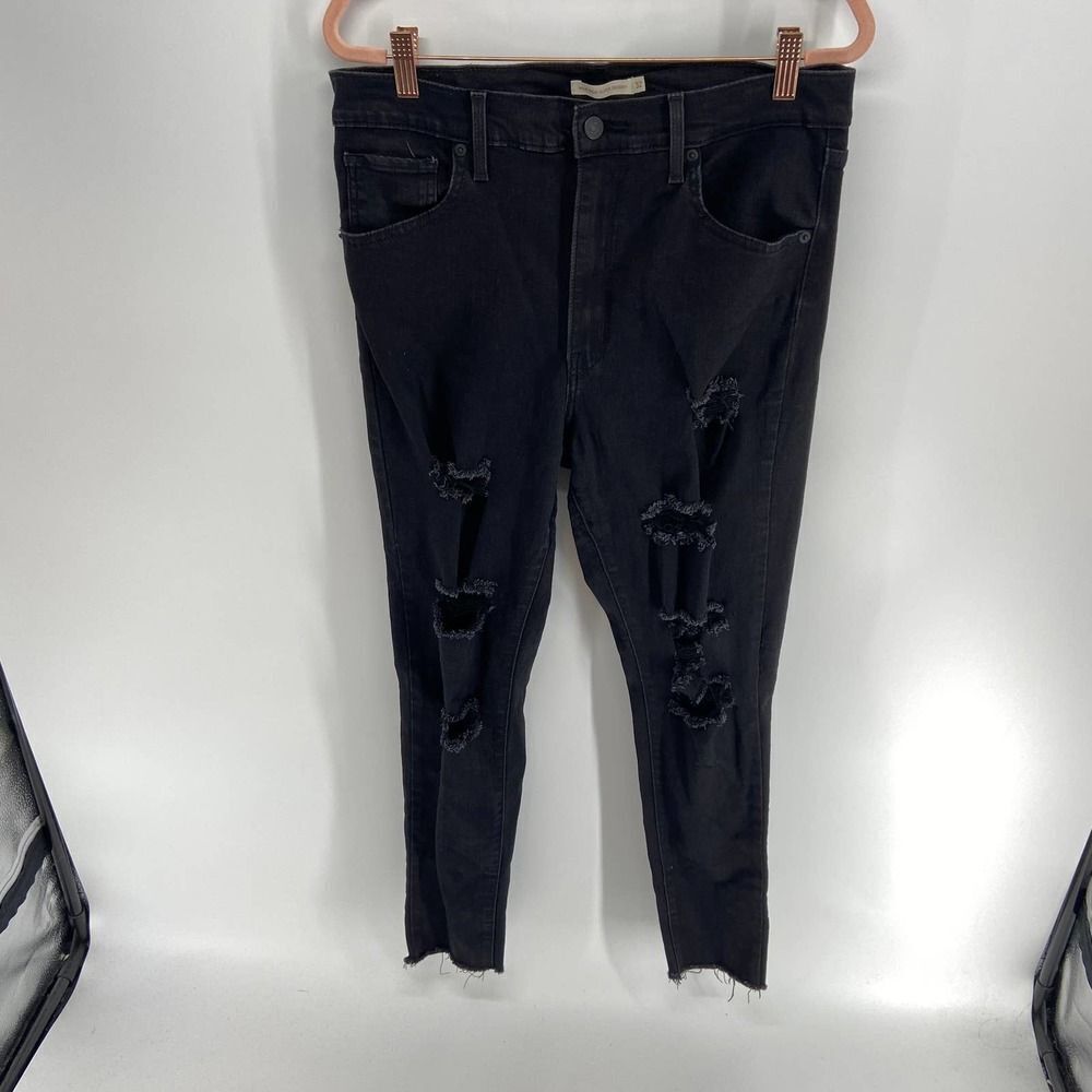 Levis Mile high Super Skinny black distressed frayed leg jean pant womens 32